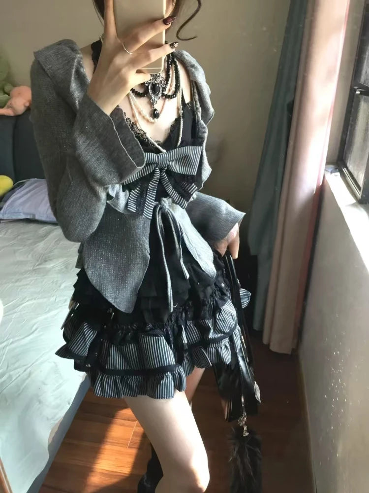 Conjunto de 3 Piezas de Cárdigan de Manga Larga con Lazo + Falda Corta con Volantes y Cintura Elástica