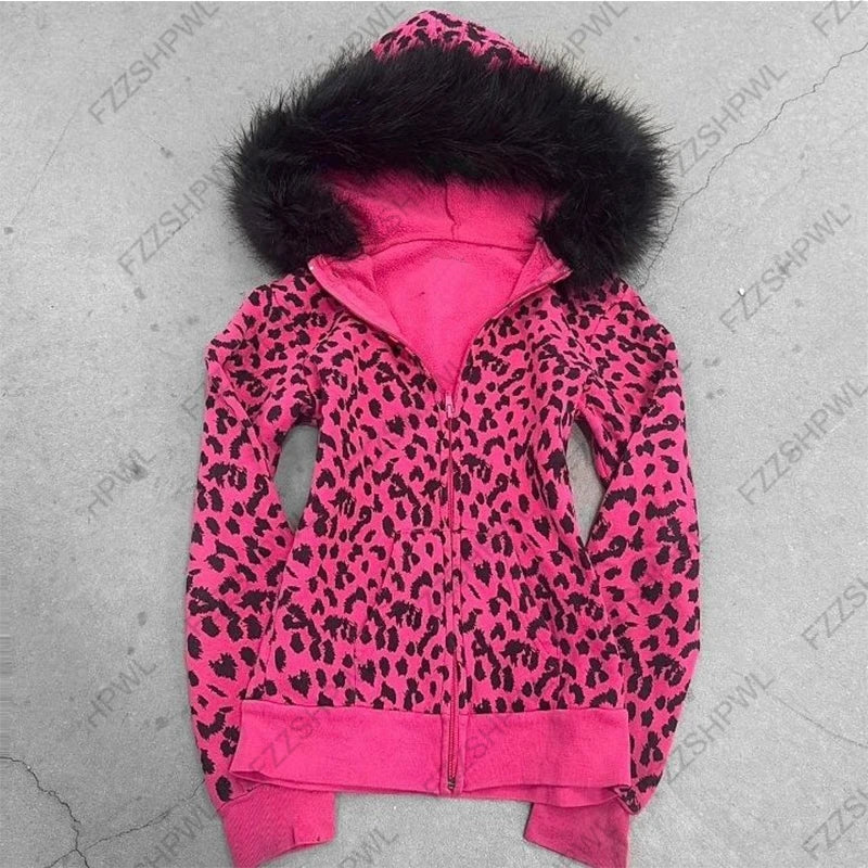 Sudadera con capucha de mujer con estampado de leopardo, cuello de piel, patrón de ala, cremallera, estilo urbano, tops Trash Punk Hip Hop Rock Retro Moda Casual Y2K