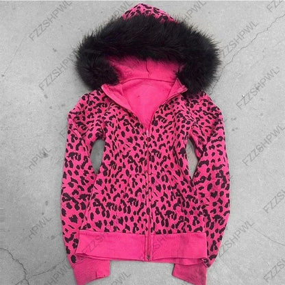 Sudadera con capucha de mujer con estampado de leopardo, cuello de piel, patrón de ala, cremallera, estilo urbano, tops Trash Punk Hip Hop Rock Retro Moda Casual Y2K
