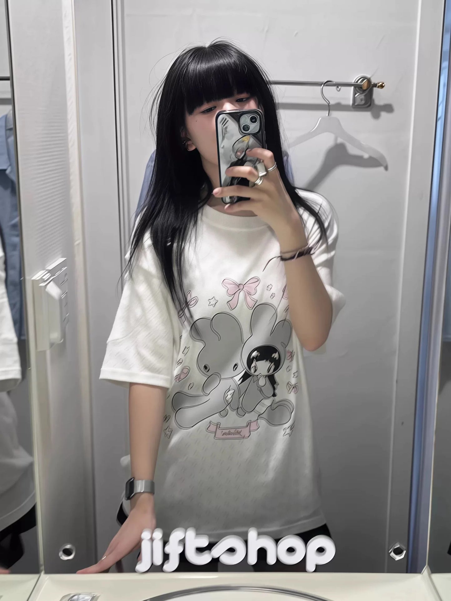bunny girl print O Neck Top