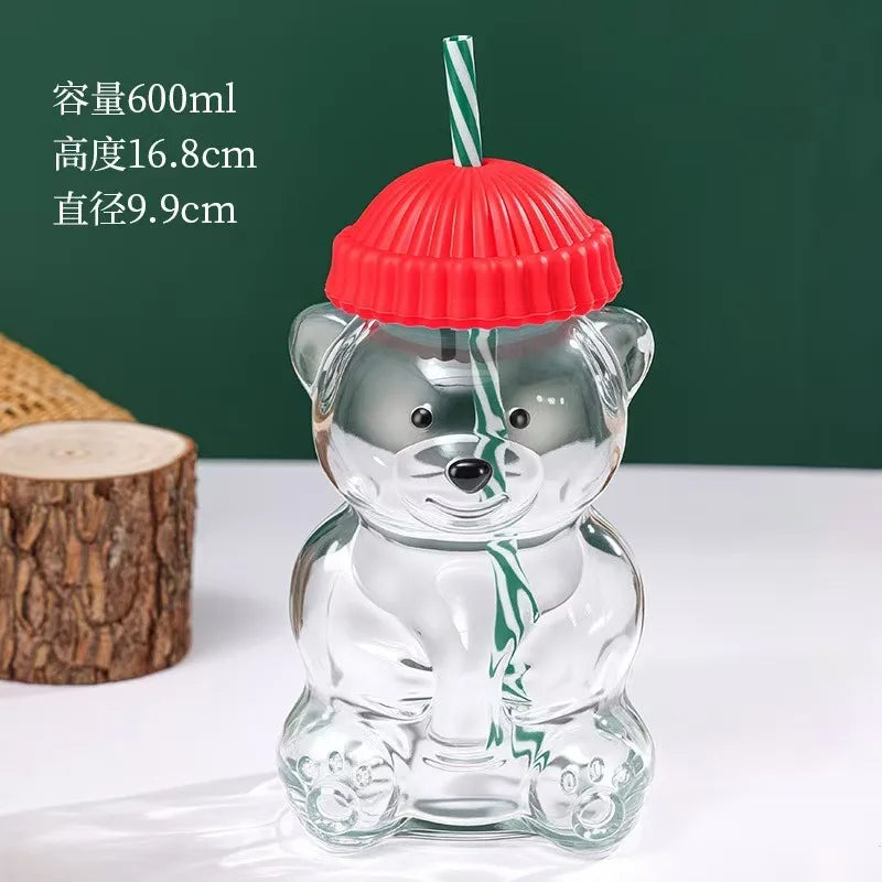 Bear Shape Glass Cup With Straw