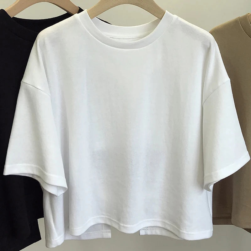 Backless Short O-Neck Solid Color T-Shirt