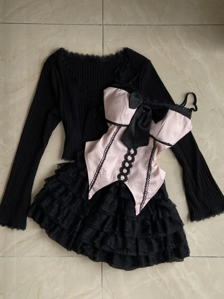 Abrigo con diseño de lazo de encaje + Conjunto de falda chic de tiro alto