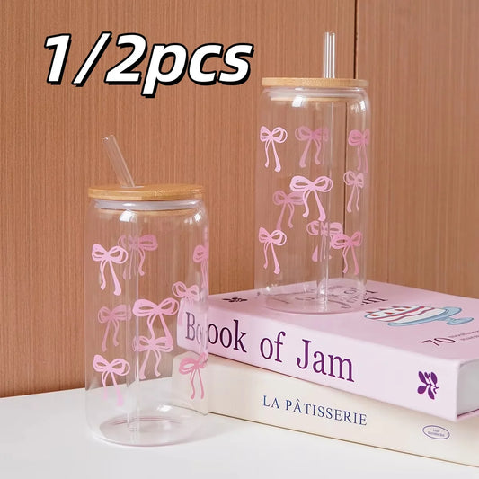 1/2pcs Pink Bow Glass Cup with Bamboo Wood Lid and Straw