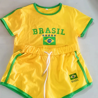 Short Sleeve T-Shirt + Drawstring Shorts Brazil Letter Print Set