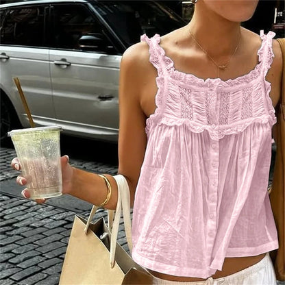Bonitos tops cortos para salir, chaleco bohemio para mujer, top sin mangas con ribete de encaje y volantes Y2k, camisola de cuello redondo transparente con botones delanteros estilo hada sexy.