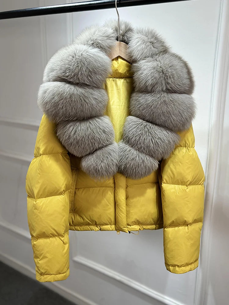Lagabogy 2025 Abrigo casual cálido de mujer, parka de plumón, abrigo de lujo con cuello de piel de zorro natural, chaqueta de plumón de pato blanco para mujer