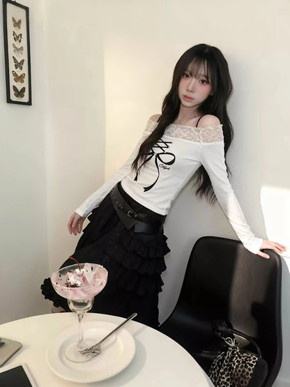Lace Trim Off-the-Shoulder Bow Tie Straps Slim-Fitting Long-Sleeve Base Layer Top