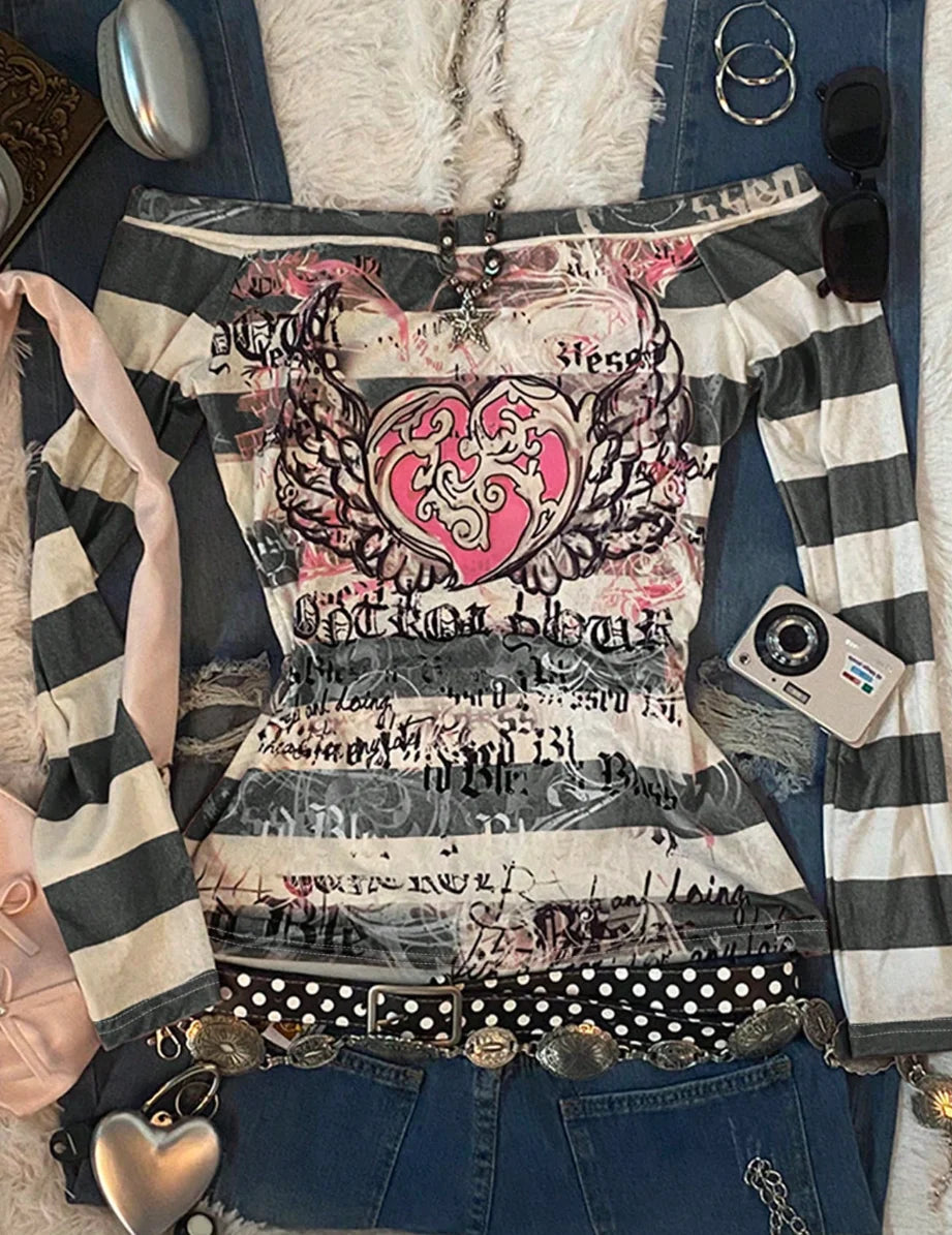 Angel Heart Print Striped One-Shoulder Long-Sleeved T-Shirt