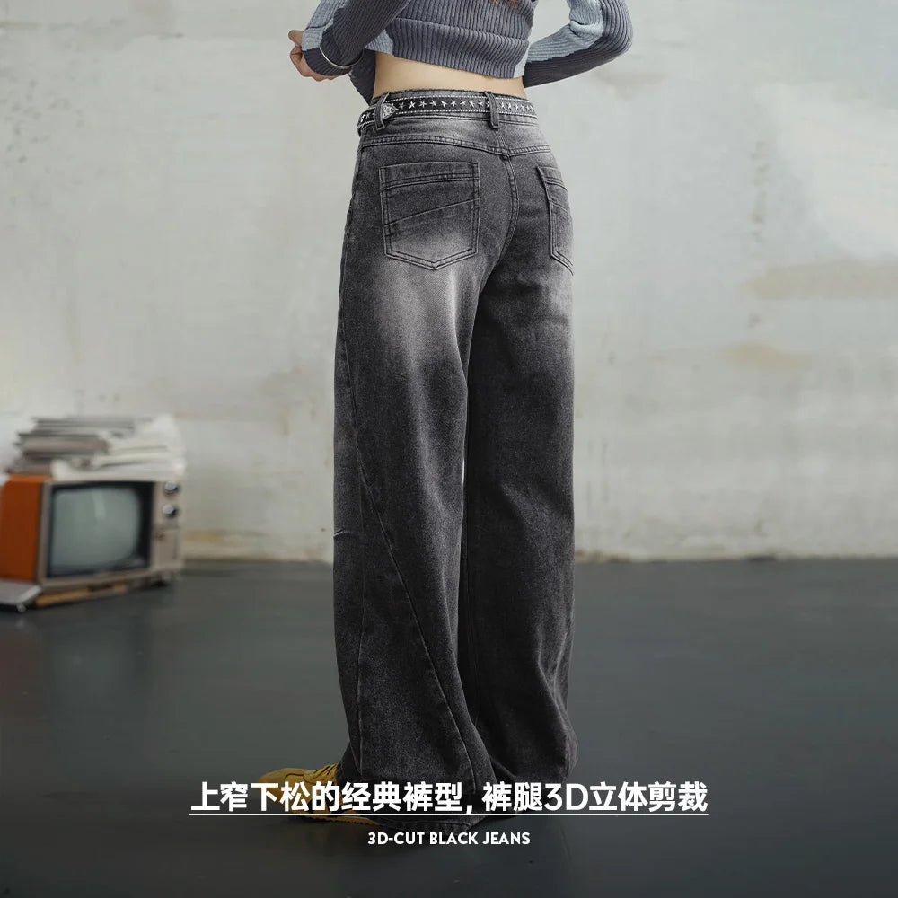 Maden Jeans Negros 3D-Cut para Mujer, de Tiro Medio, Pantalones Rectos, Temporada de Primavera y Otoño, Pantalones Casuales, Jeans de Moda Urbana