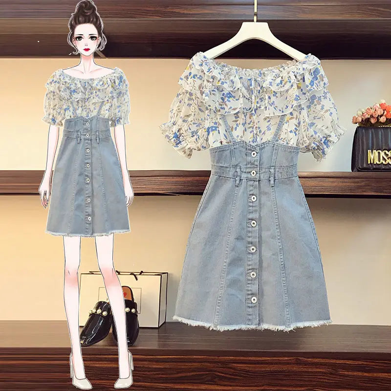 Conjunto de Vestido Vaquero con Tirantes y Camisa de Gasa