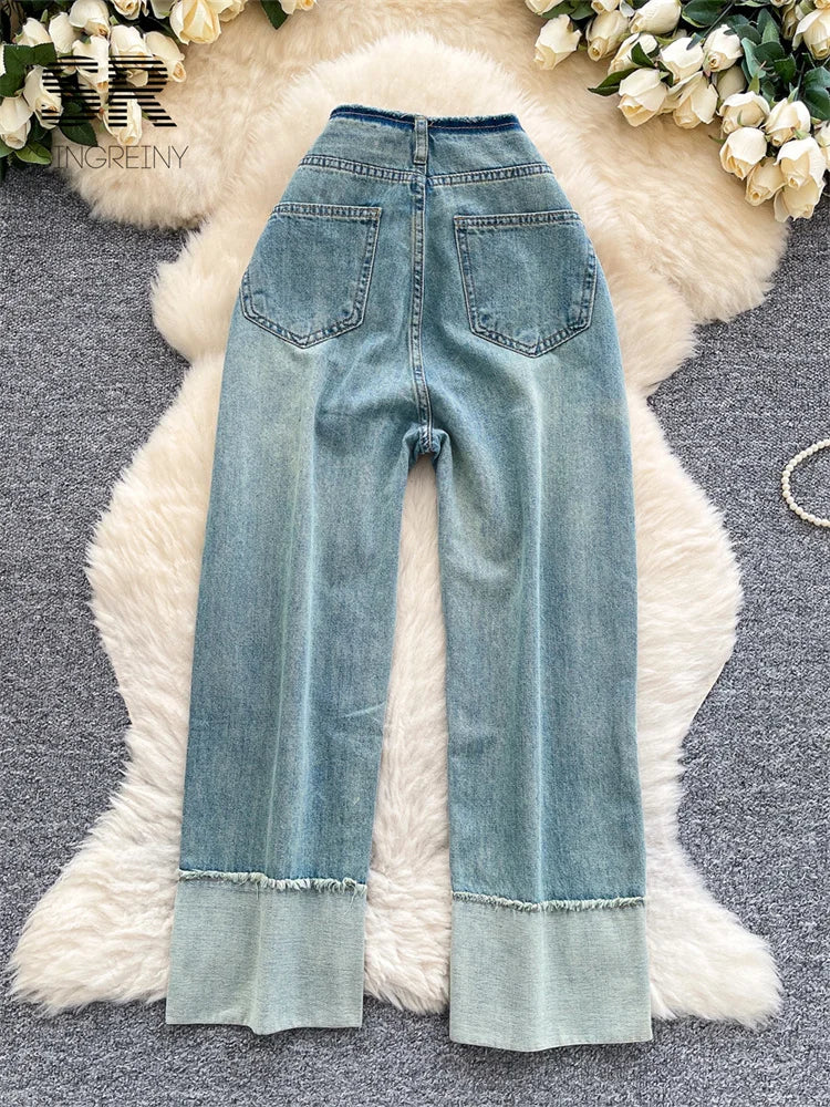 SINGREINY Pantalones vaqueros de moda estilo coreano para otoño de 2025, cintura alta, básicos, empalmados, casuales, pantalones largos, vaqueros lavados vintage sencillos