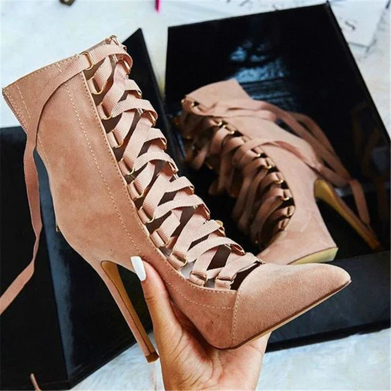 Flock Lace Up Thin High Heels