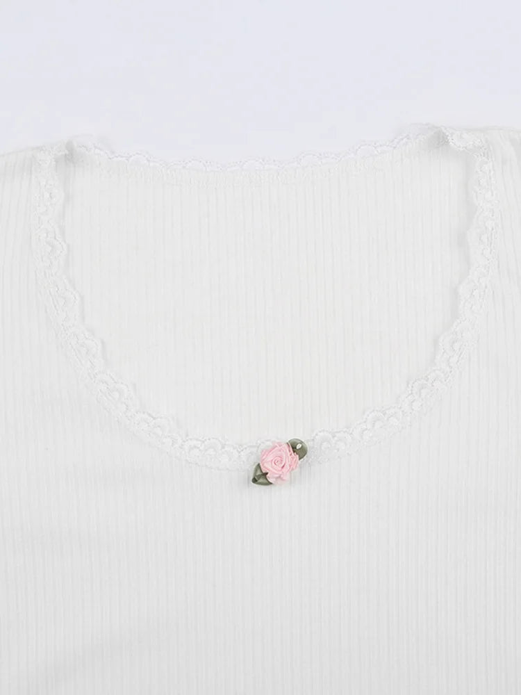 Top crop de punto blanco con encaje floral y ribete, corte ajustado, cuello redondo, camiseta básica casual para mujer, elegante, vintage, manga larga, estilo Harajuku, otoño/invierno Y2K.