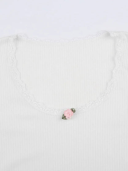 Top crop de punto blanco con encaje floral y ribete, corte ajustado, cuello redondo, camiseta básica casual para mujer, elegante, vintage, manga larga, estilo Harajuku, otoño/invierno Y2K.
