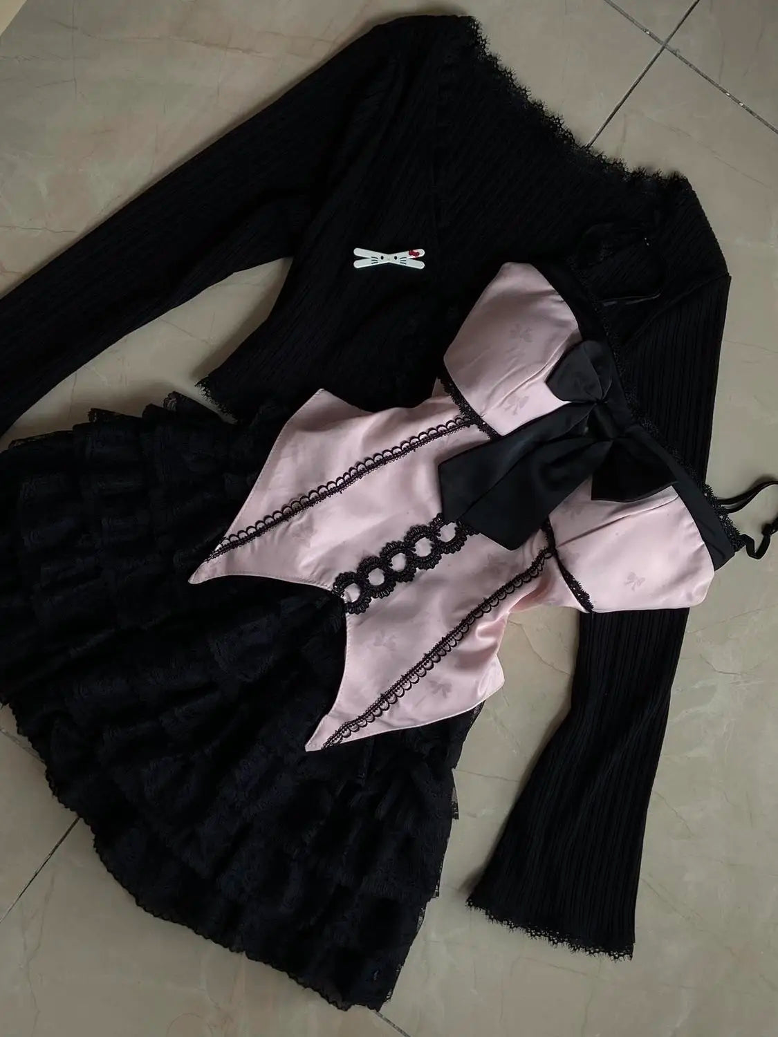 Abrigo con diseño de lazo de encaje + Conjunto de falda chic de tiro alto