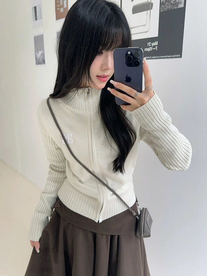 Letter embroidery Print Solid Stand-up collar Zip-up knit jacket