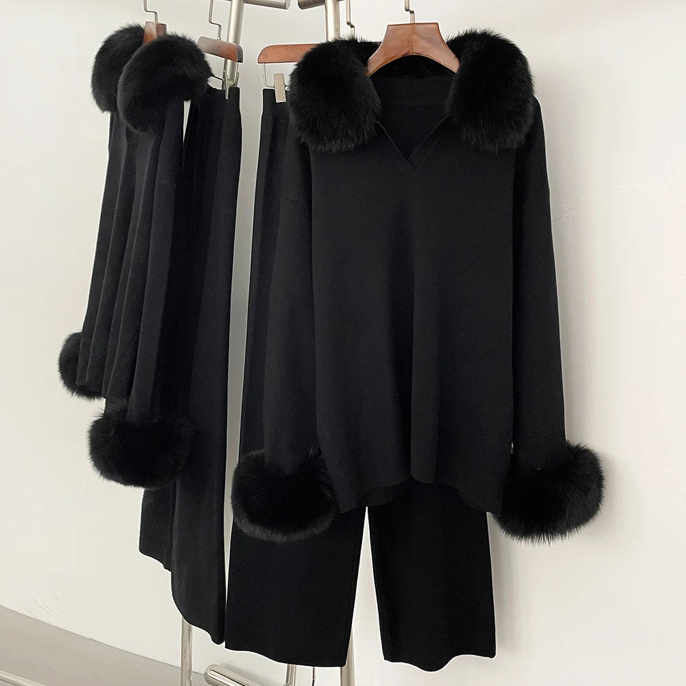 Chaqueta de piel Reality Jersey, cuello de piel de zorro real, otoño invierno, traje de jersey para mujer, jerséis de piel de mapache, conjunto de pantalones para mujer