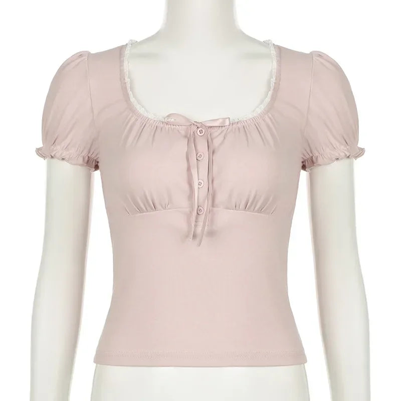 Cropped Square Collar Puff Sleeve Tee