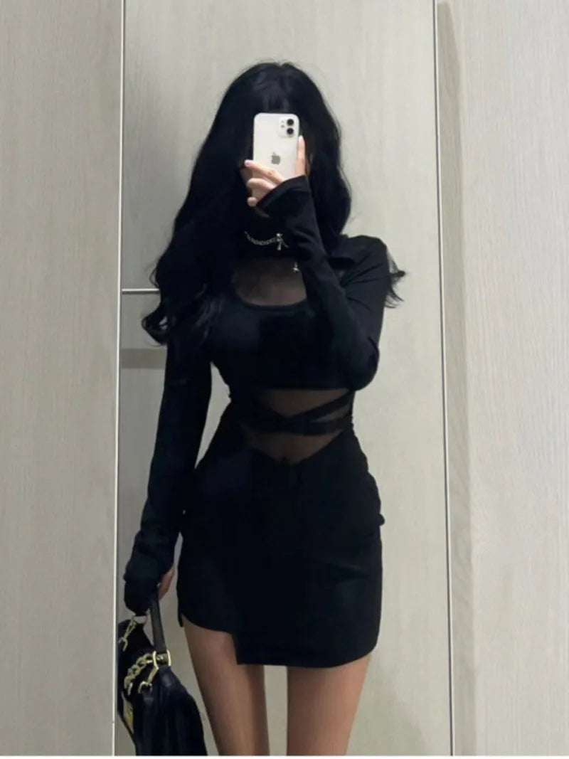Mangas Abullonadas Nuevo Sexy Vestido Negro con Espina de Pescado Vestido Delgado Personalizado para Mujer Gasa Fina Transparente con Drapeado en los Glúteos F8Q3