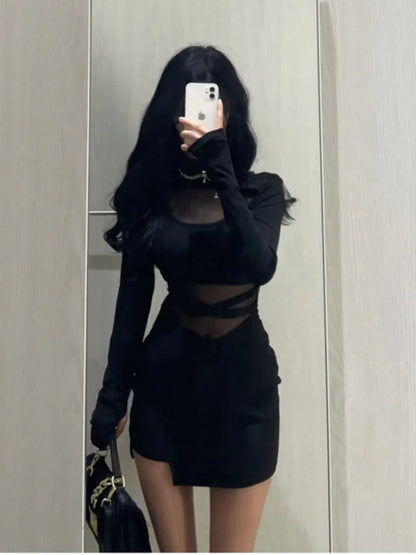 Mangas Abullonadas Nuevo Sexy Vestido Negro con Espina de Pescado Vestido Delgado Personalizado para Mujer Gasa Fina Transparente con Drapeado en los Glúteos F8Q3