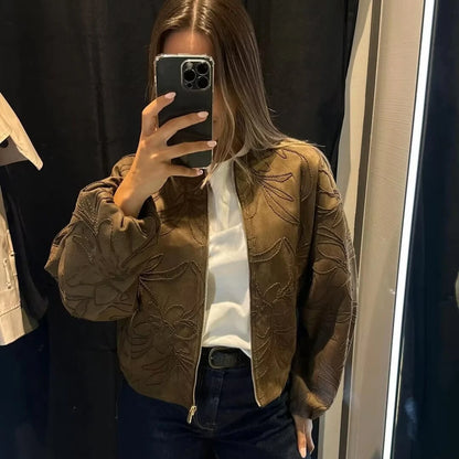 Faux Suede Embroidery Bomber Jacket