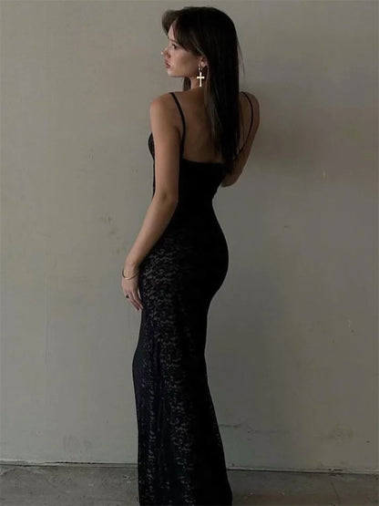 Lace Hollow Out Backless Maxi Dress
