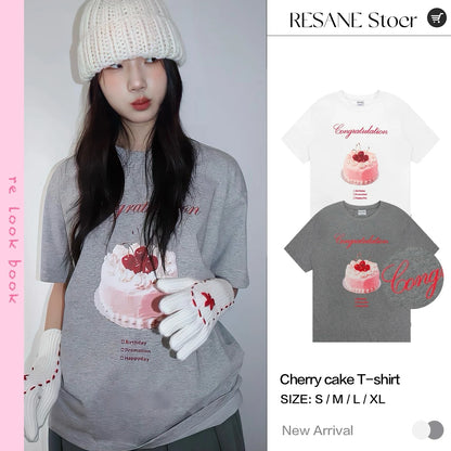 Cherry Cream Cake Print Casual short-sleeved T-shirt