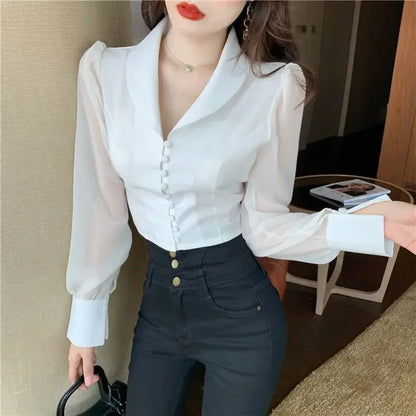 V-neck Bandage Bow Slim Waist Chiffon Blouse
