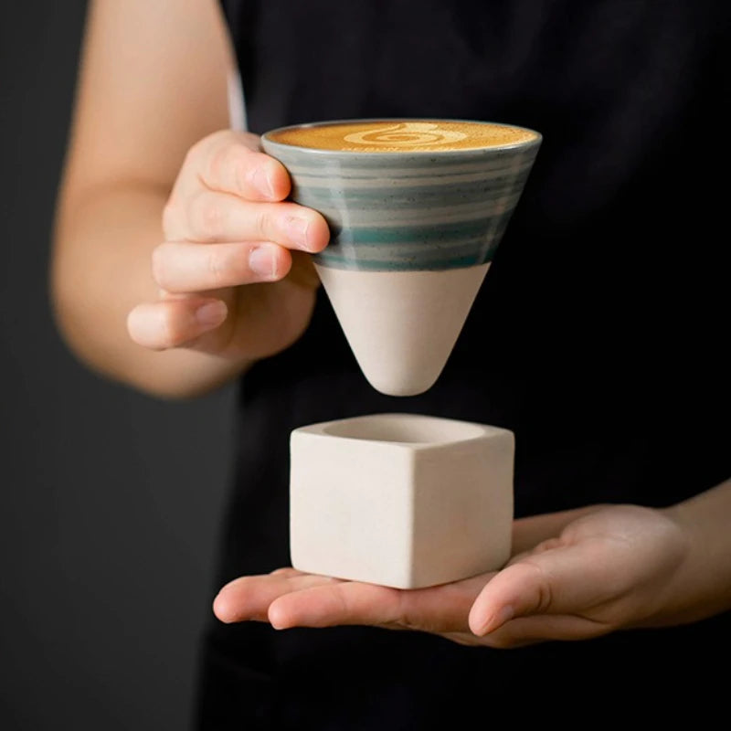 Retro Japanese Triangular Cone Shape Pottery Tea Coffee Cup