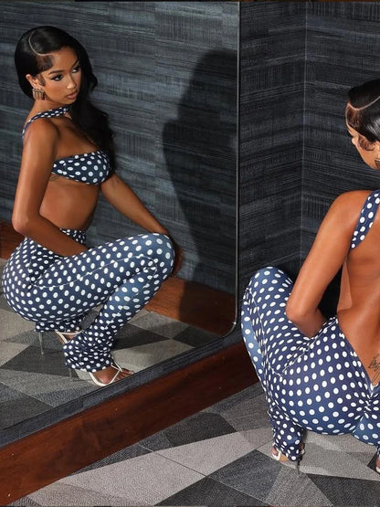 Polka Dot Print Irregular Halter Backless Tank Tops + Skinny Long Pants Set