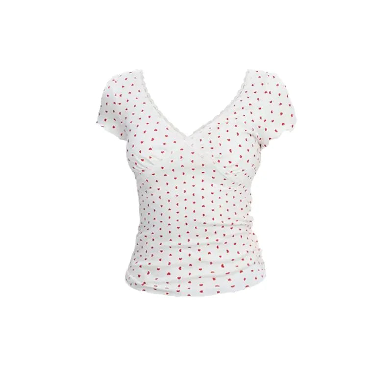 NUOMICI Camiseta de mujer de manga corta con cuello en V sexy, con encaje, para verano, ropa slim con estampado de corazón, estilo Y2K chic