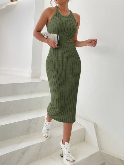 Solid Halter Neck Bodycon Midi Dress