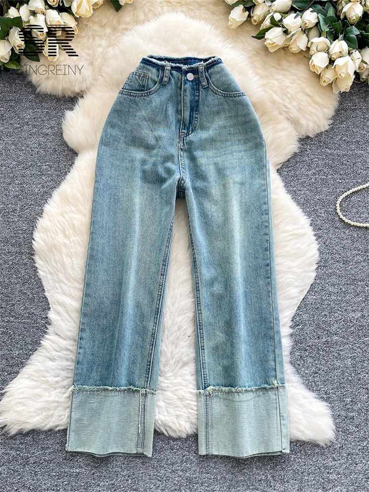 SINGREINY Pantalones vaqueros de moda estilo coreano para otoño de 2025, cintura alta, básicos, empalmados, casuales, pantalones largos, vaqueros lavados vintage sencillos