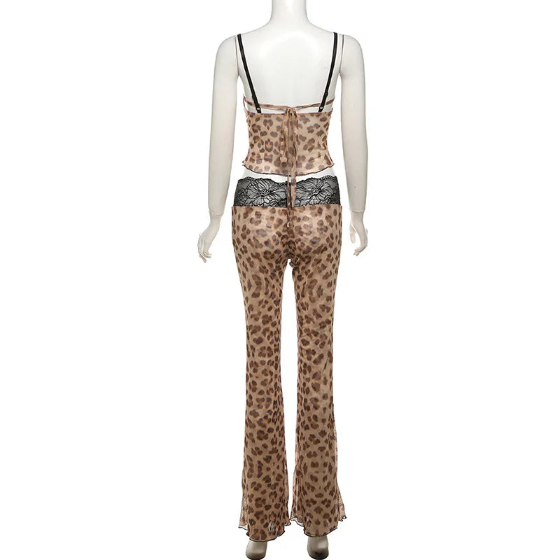 Conjunto de 2 piezas de malla transparente con estampado de leopardo y encaje.