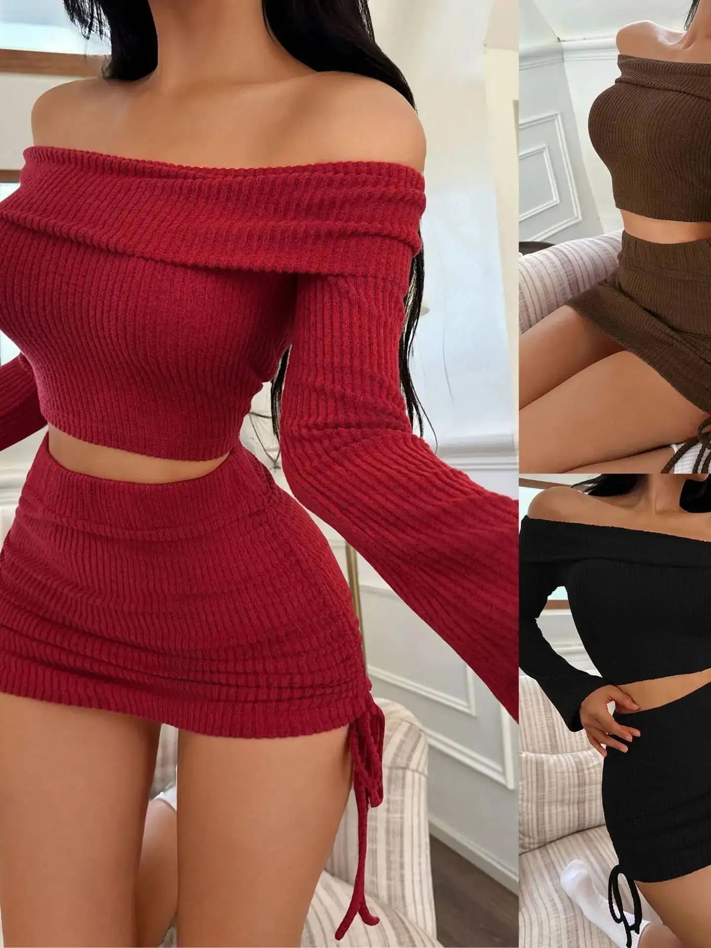 Conjunto de Falda Unicolor con Hombros Descubiertos