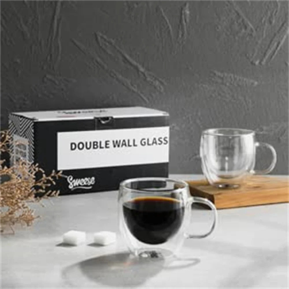 Double Wall Transparent Glass Coffee Cup with Handle