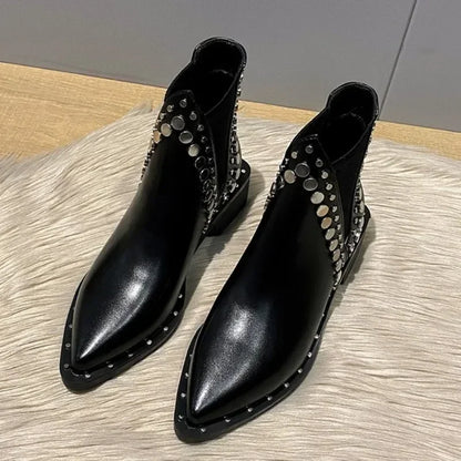 2025 Botines de Mujer Nuevos, Sexy, con Punta Fina, Estilo Punk, Decorados con Remaches, Botas de Caballero para Mujer, Botines Cortos Cálidos y a la Moda para Invierno