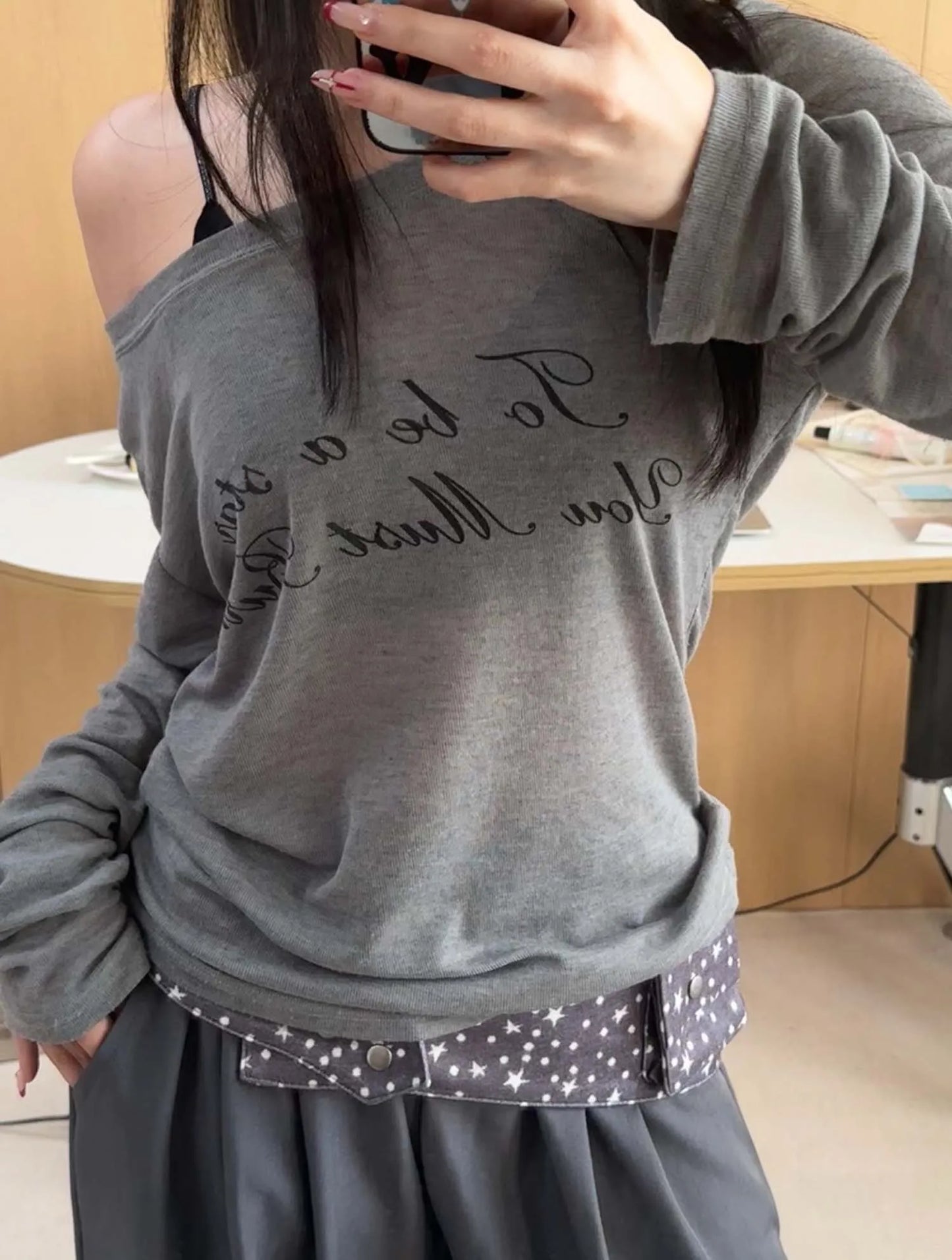 Letter Print Relaxed Fit Long Sleeve sun-protective shirt Fitted Top