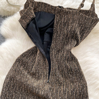 sleeveless glitter Backless Off Shoulder mini dress