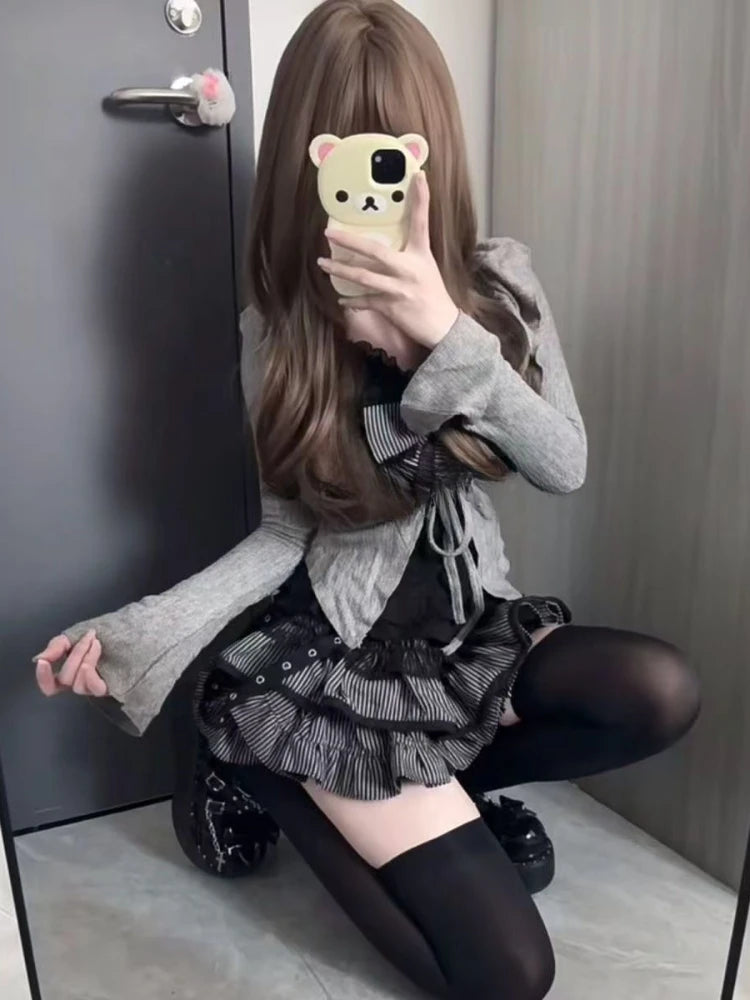 Conjunto de 3 Piezas de Cárdigan de Manga Larga con Lazo + Falda Corta con Volantes y Cintura Elástica