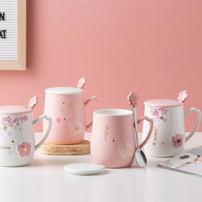 Cherry Blossom Ceramic Mug With Lid & Spoon