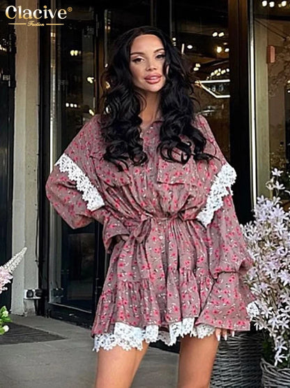 Clacive Vestido holgado con estampado para mujer, elegante vestido de oficina de manga larga con cordones, vestidos casuales con encaje fruncido para mujer
