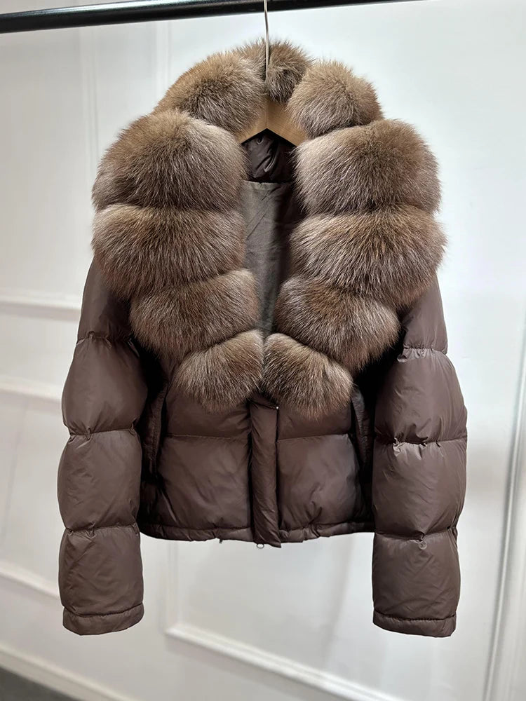 Lagabogy 2025 Abrigo casual cálido de mujer, parka de plumón, abrigo de lujo con cuello de piel de zorro natural, chaqueta de plumón de pato blanco para mujer