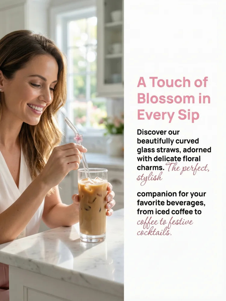 Pink Peach Blossom Curved Glass Straw