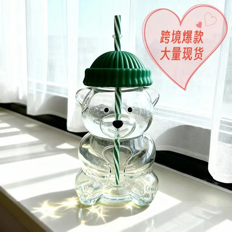 Bear Shape Glass Cup With Straw