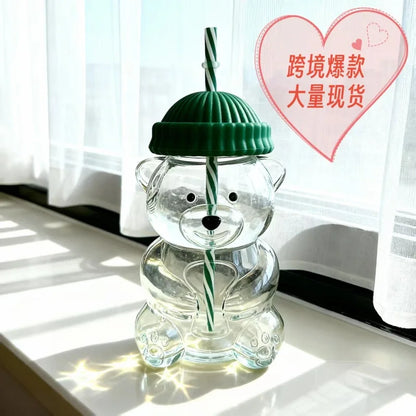 Bear Shape Glass Cup With Straw