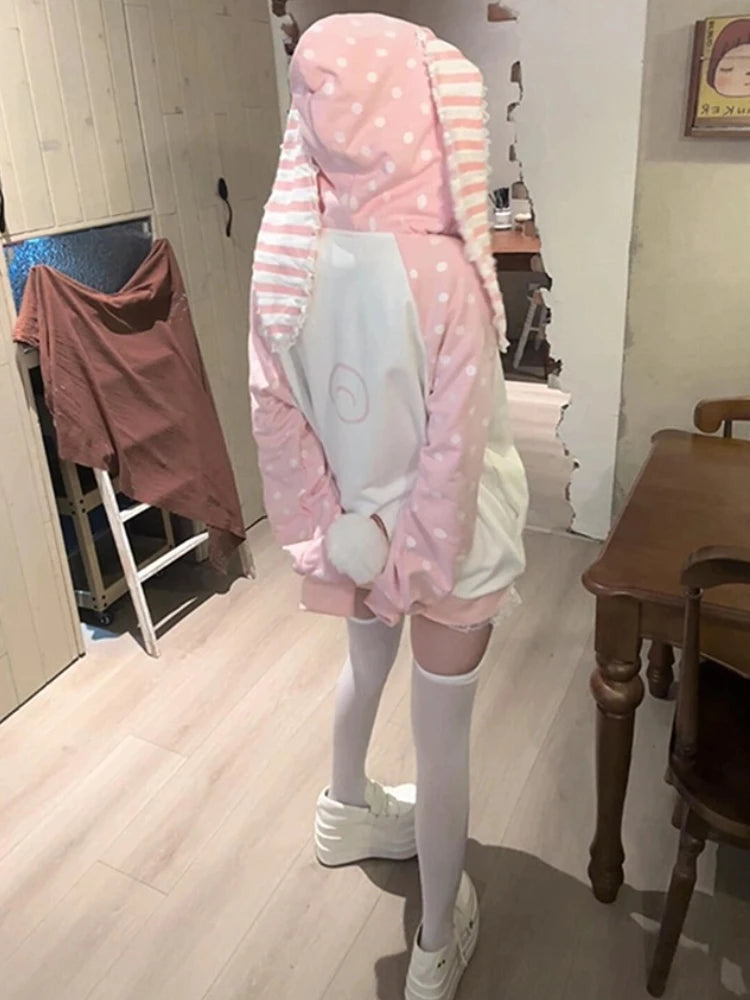 Abrigo japonés kawaii con orejas de conejo, para mujer, dulce, rosa, a rayas, con cremallera y capucha, estilo grunge, Y2k, Harajuku, sudadera con fresas