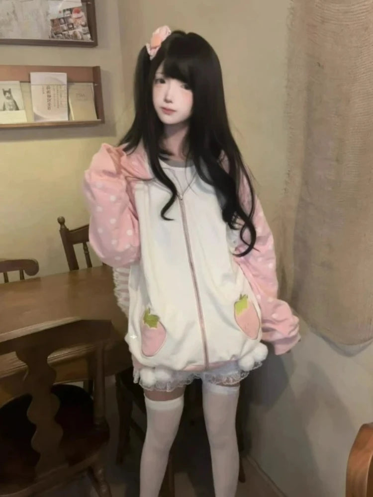 Abrigo japonés kawaii con orejas de conejo, para mujer, dulce, rosa, a rayas, con cremallera y capucha, estilo grunge, Y2k, Harajuku, sudadera con fresas