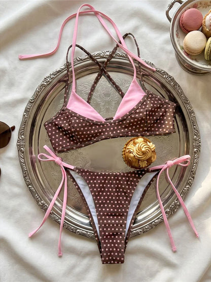 Polka Dot Splicing Halter Bikini